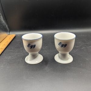 Set Of 2 White Egg Cups with Blue Trim